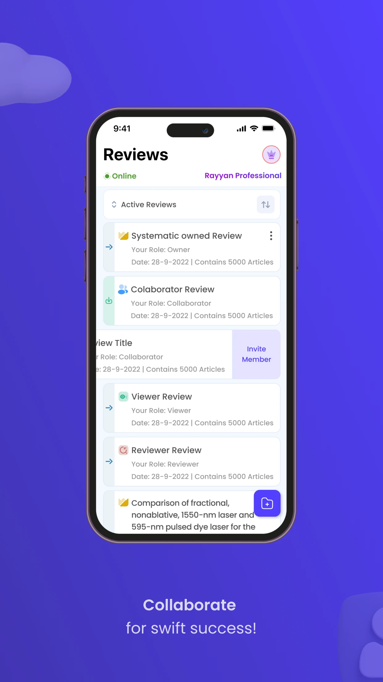 Rayyan mobile review list showing owner, collaborator, viewer, and reviewer roles.