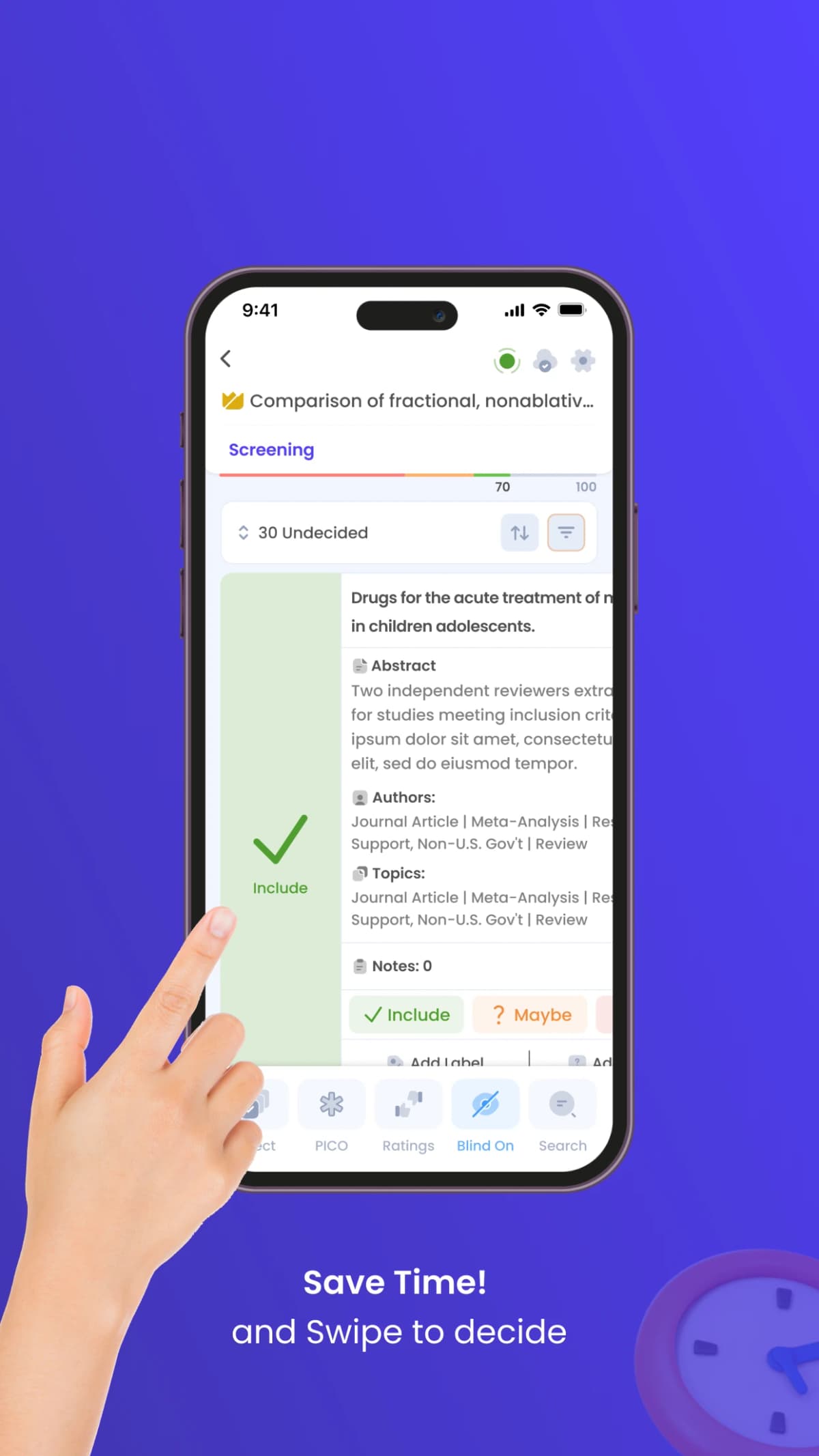 Rayyan mobile screen with Include, Maybe, and Exclude controls for a demo record.