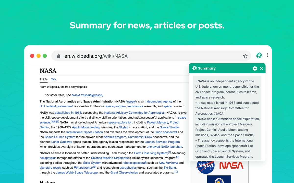 Summary Webpage Chrome extension preview beside a NASA article on Wikipedia, with the summary panel open.