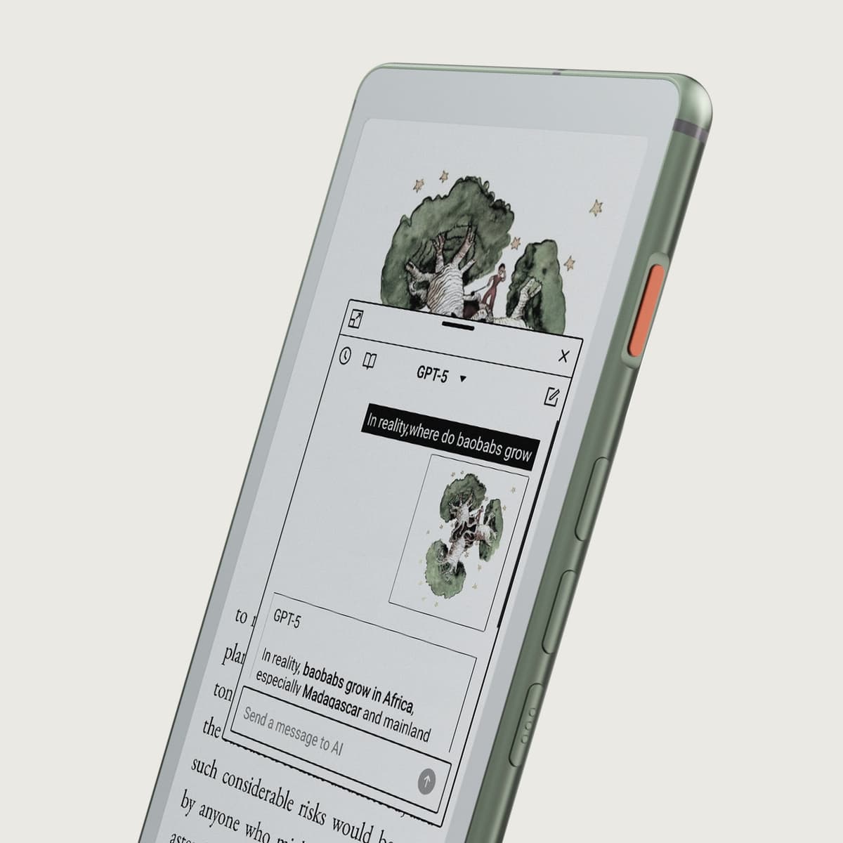 Viwoods AiPaper Reader C displaying an AI answer over a color E Ink page.