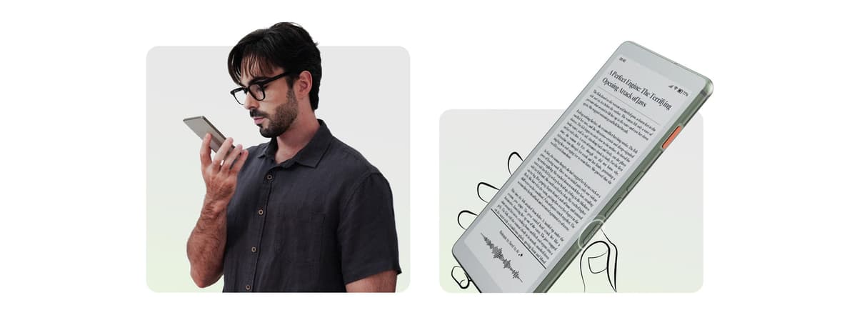 A reader holds a Viwoods AiPaper Reader displaying an article on its E Ink screen.