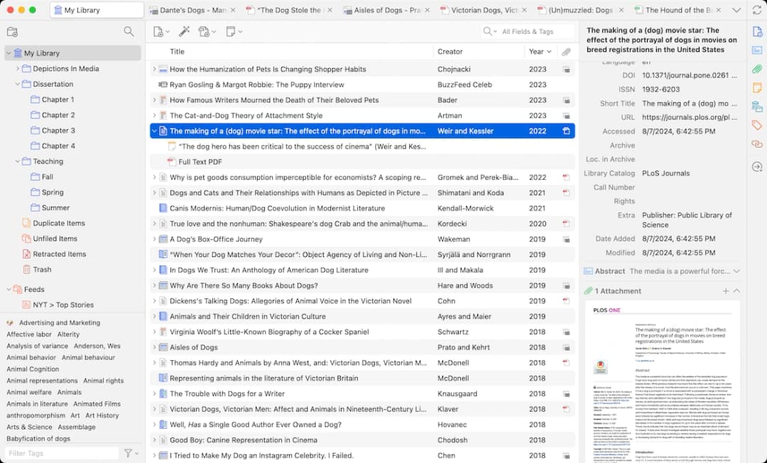 Zotero desktop library showing saved references and collection navigation.