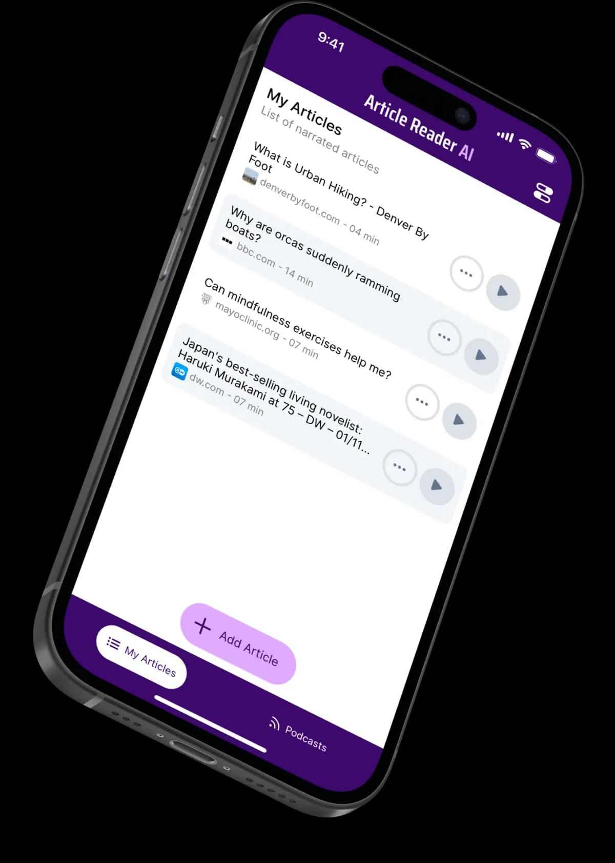 Article Reader AI iPhone screen listing saved articles with playback buttons and a podcast tab.