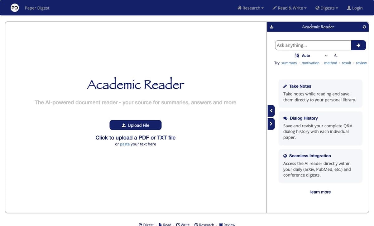 Paper Digest Academic Reader's public empty state shows PDF or TXT upload, paste, sample questions, notes, and dialog history.