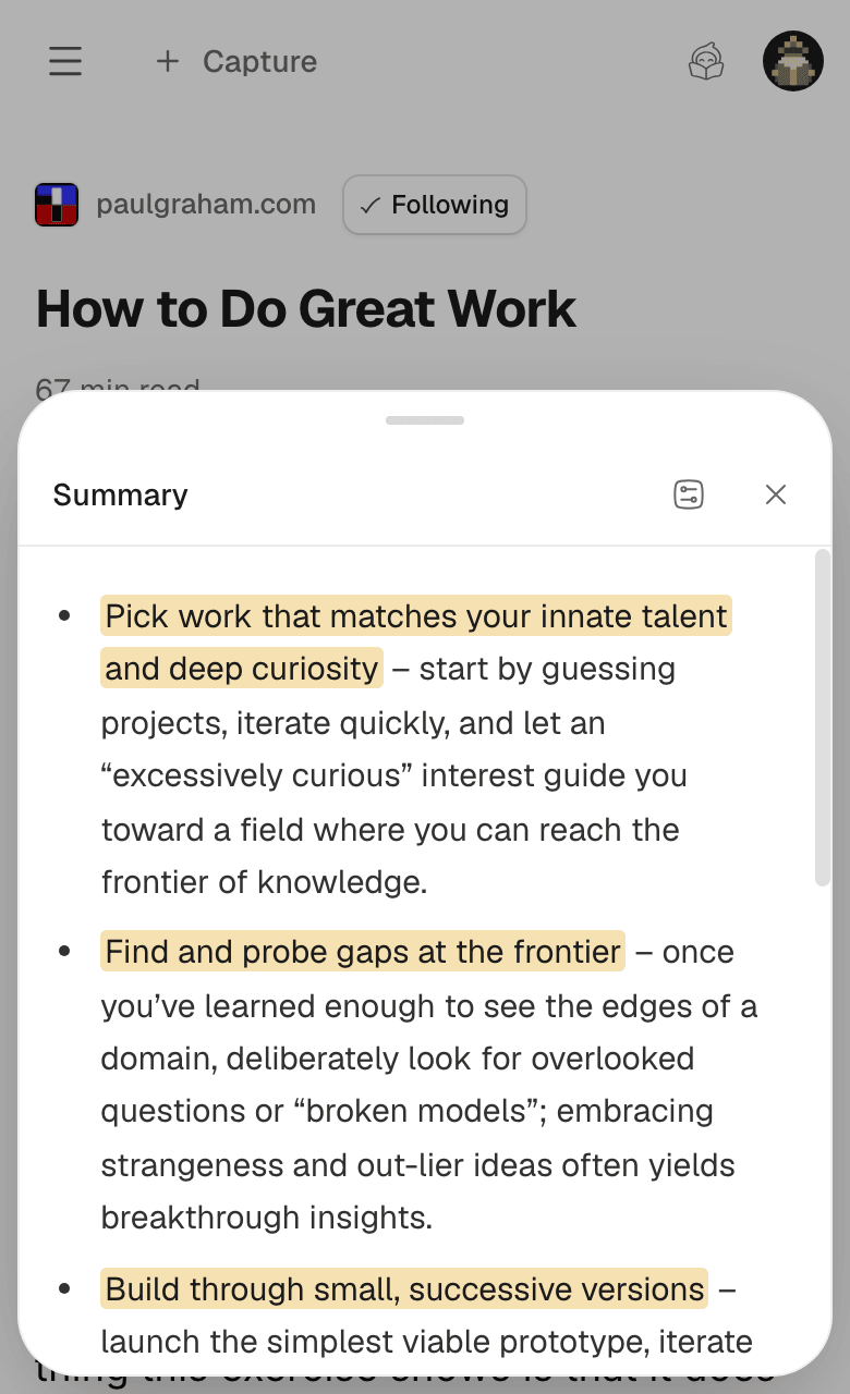 smry article reader showing a saved essay behind a summary panel with highlighted key points.