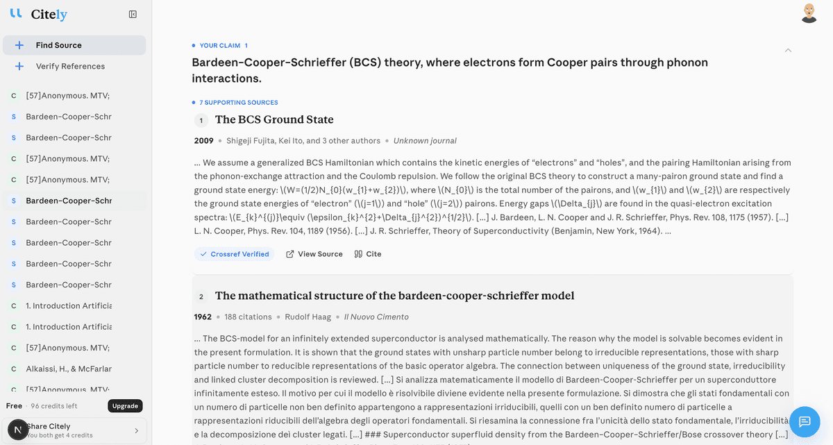 Citely source finder displays a sample claim, supporting sources, and a Crossref-verified result.