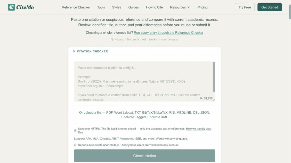 CiteMe citation checker with a single-citation text field and file upload option.