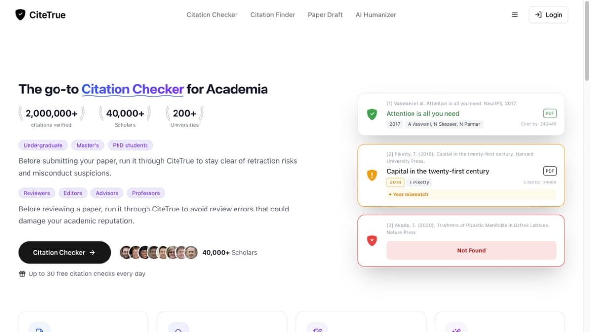 CiteTrue’s public homepage shows sample citation cards for verified, year-mismatch, and not-found results.