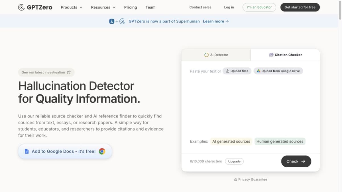 GPTZero Source Finder page with Citation Checker selected and text or file upload options visible.