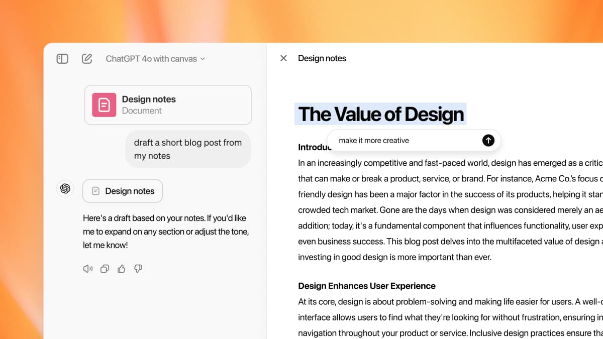 ChatGPT Canvas showing an editable draft beside a chat prompt and a targeted revision request.