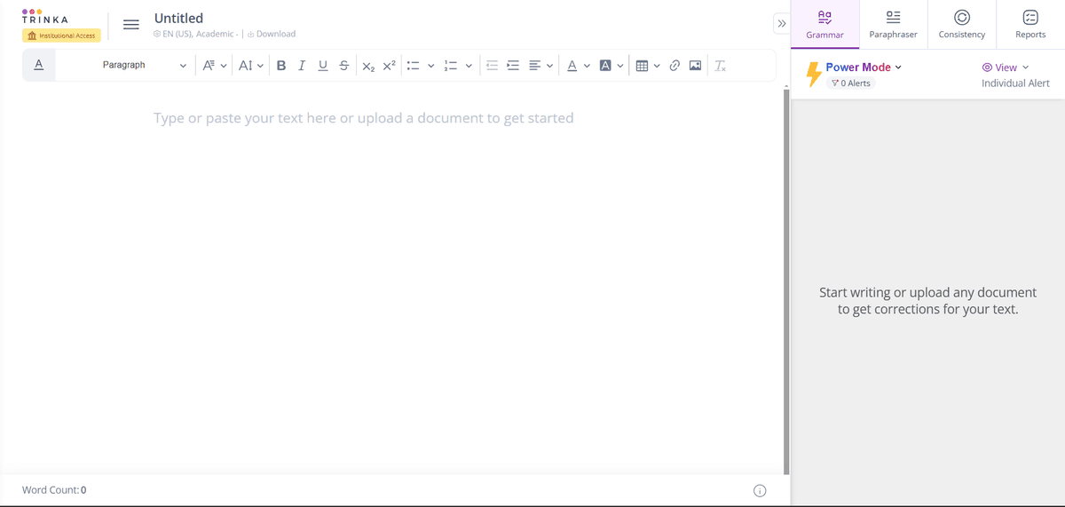 Trinka editor with an empty manuscript area and Grammar, Paraphraser, Consistency, and Reports tabs.