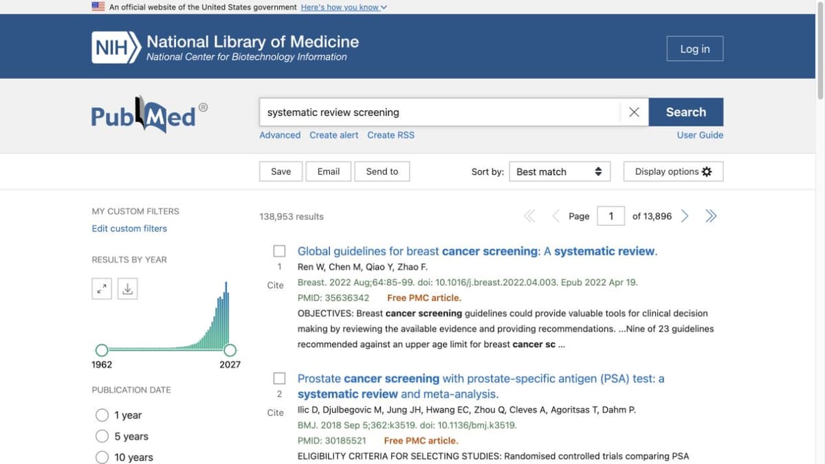PubMed results for the query “systematic review screening,” with a year timeline and search controls.