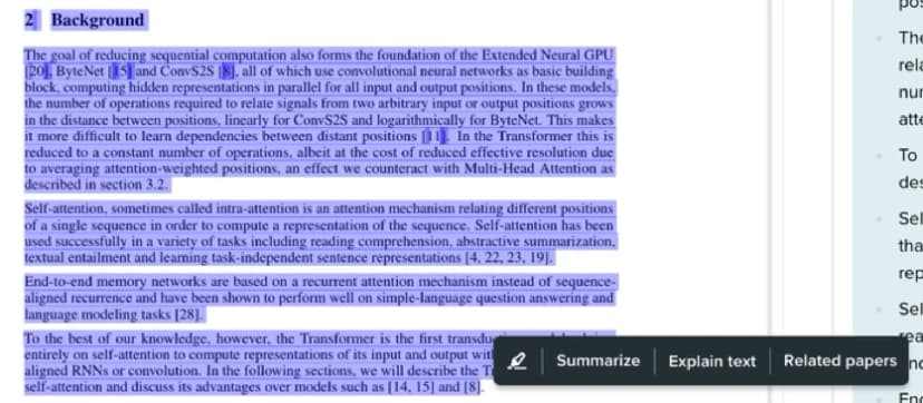 SciSpace PDF page with a highlighted passage and a selection toolbar offering Summarize, Explain text, and Related papers.