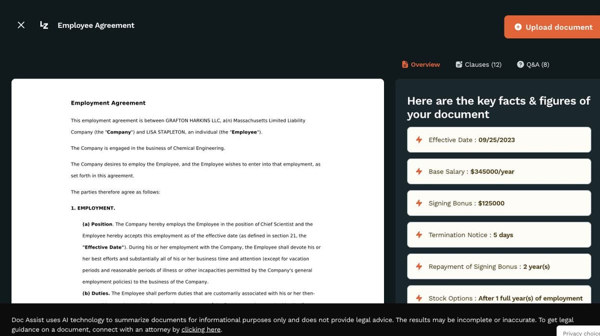 LegalZoom Doc Assist sample employment agreement beside key facts and figures.