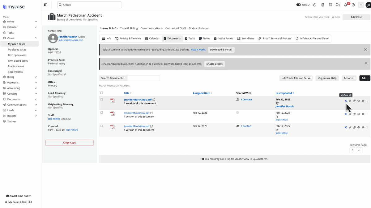 MyCase legal case Documents view with the MyCase IQ summary control on a document row.