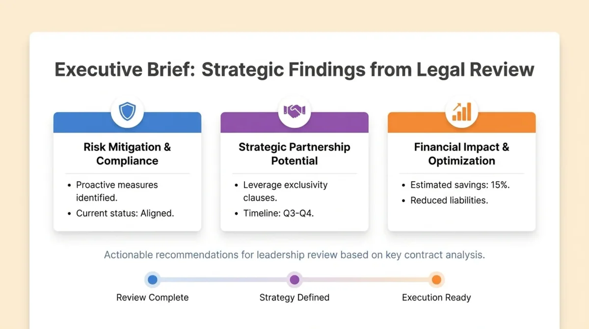SlidesPilot vendor example executive brief with legal review findings grouped into risk, partnership, and financial impact cards.