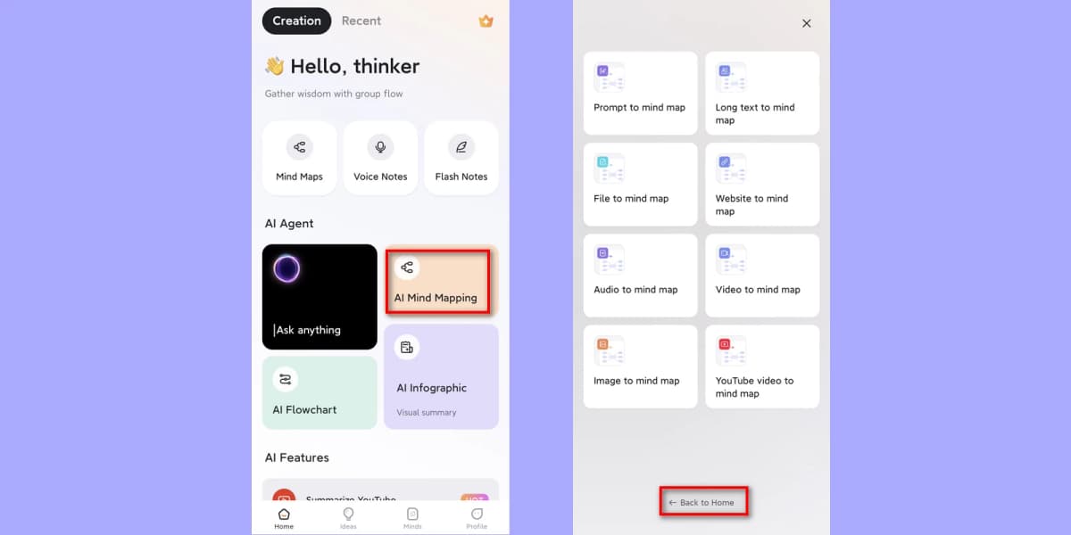 GitMind mobile interface listing AI mind map options for prompts, files, websites, images, audio, video, and YouTube.