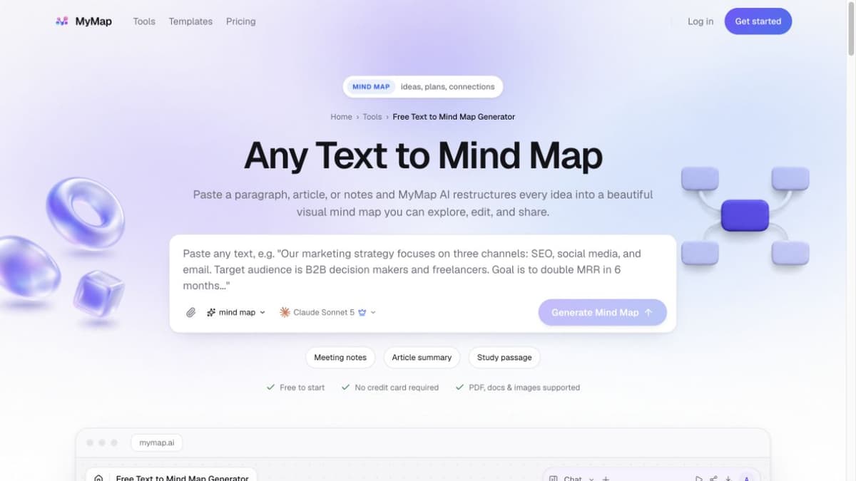 MyMap text-to-mind-map interface with sample input, map mode, model selector, and Generate Mind Map control.
