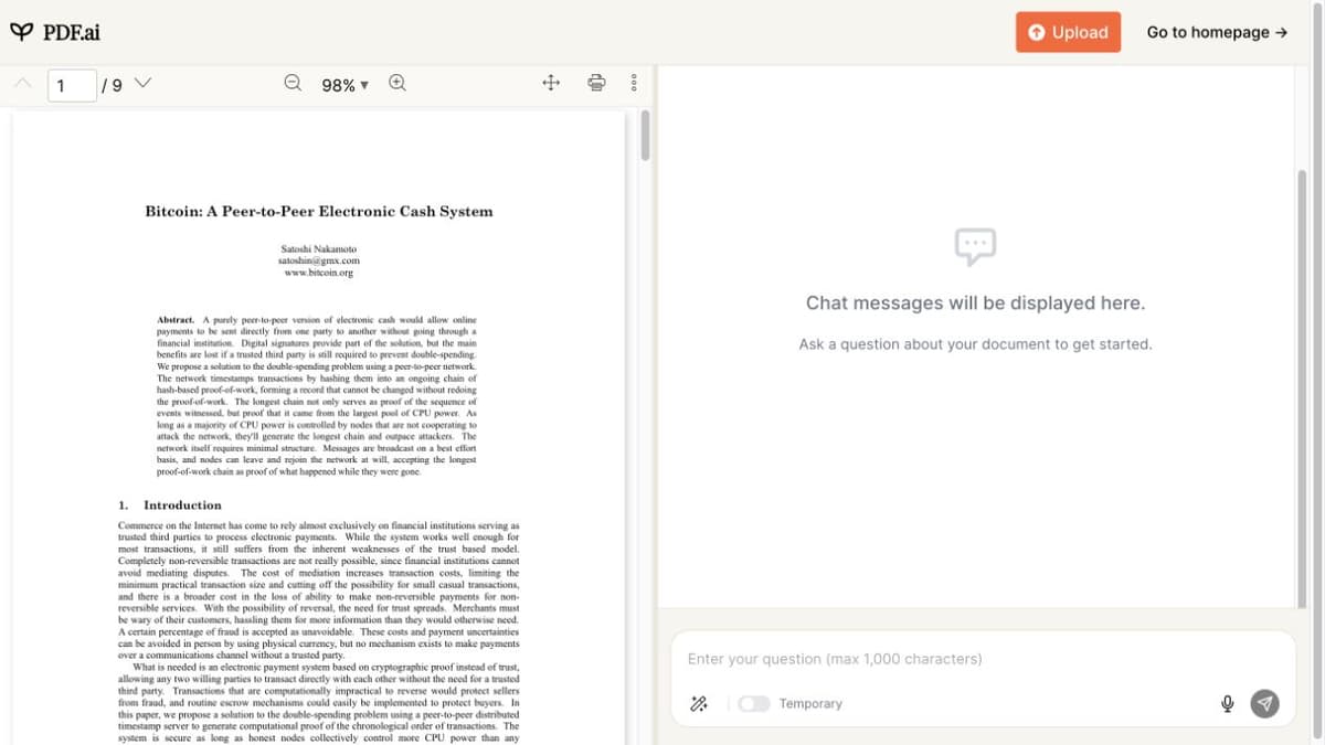PDF.ai demo with a Bitcoin white paper beside an empty chat pane.