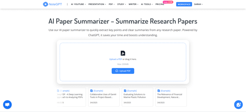 NoteGPT AI Paper Summarizer page with a PDF upload panel and sample paper cards.