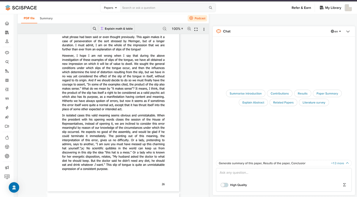 SciSpace PDF reader with a summary panel and research chat prompts.