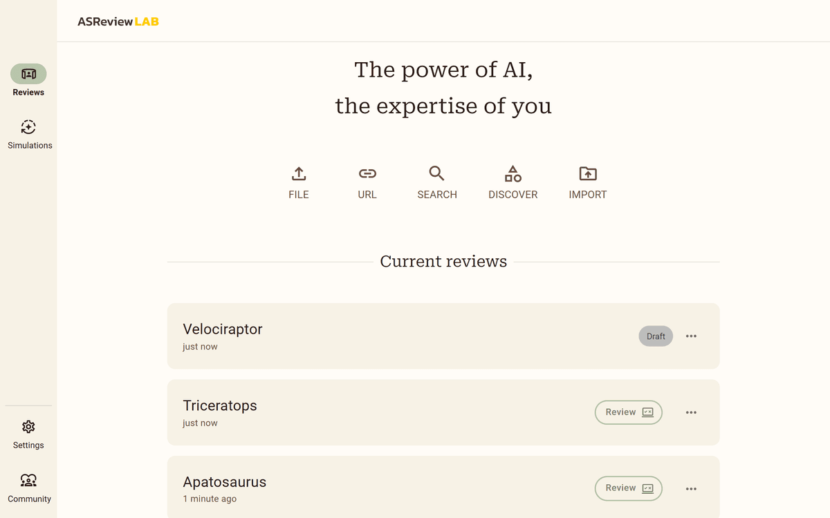 ASReview LAB projects dashboard showing review projects and their status.