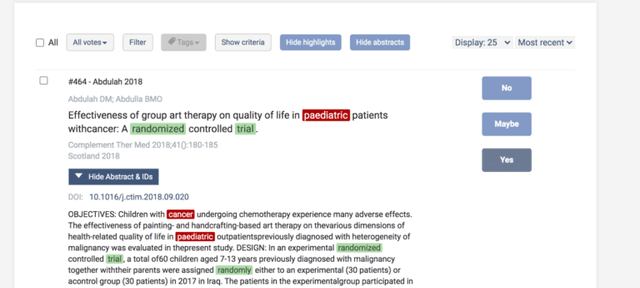 Covidence full-text screening interface showing a record with decision controls.