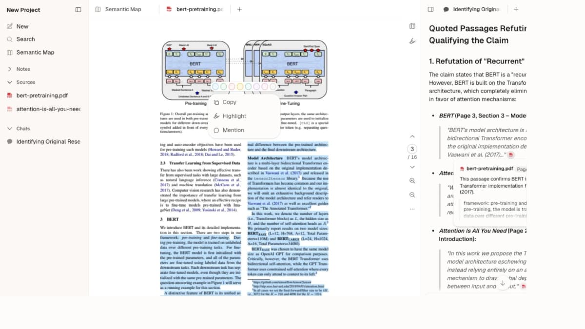 Atlas PDF workspace with selected passages and a cited answer displayed beside the source.