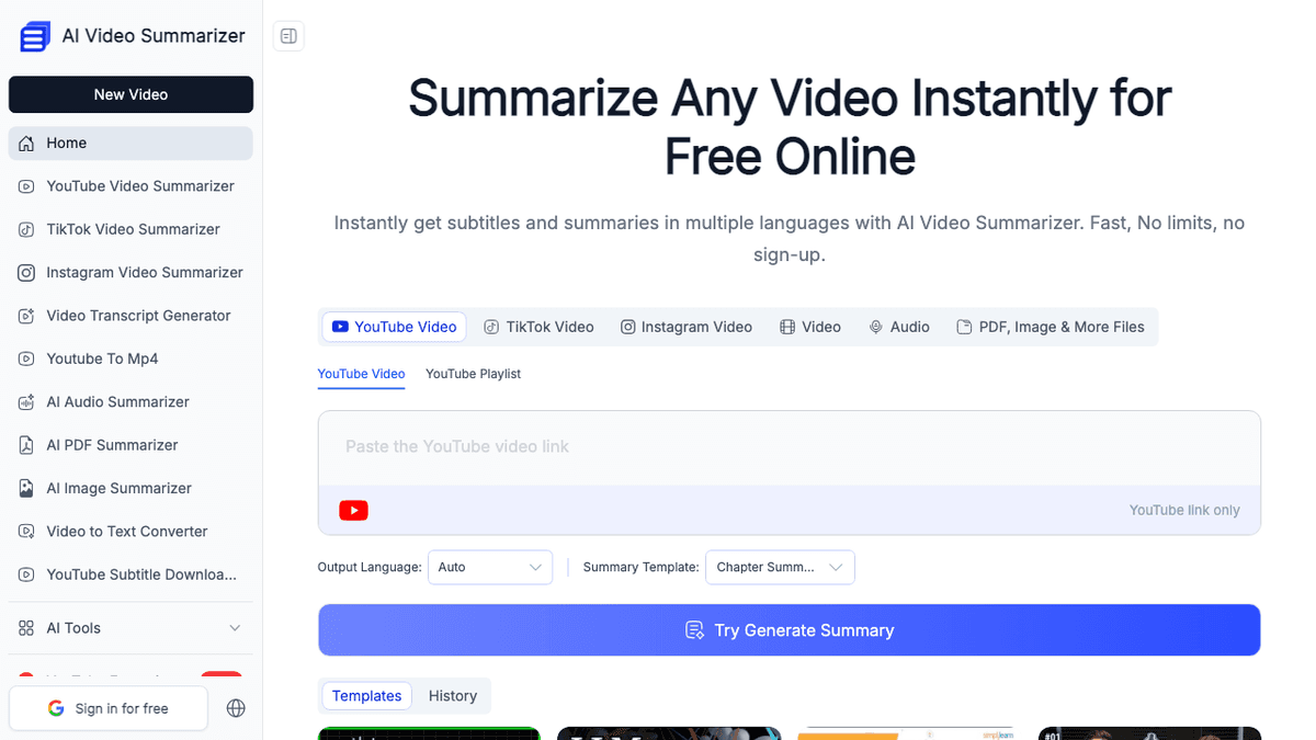 Official AI Video Summarizer page showing YouTube, TikTok, Instagram, video, audio, PDF, image, and summary-template controls