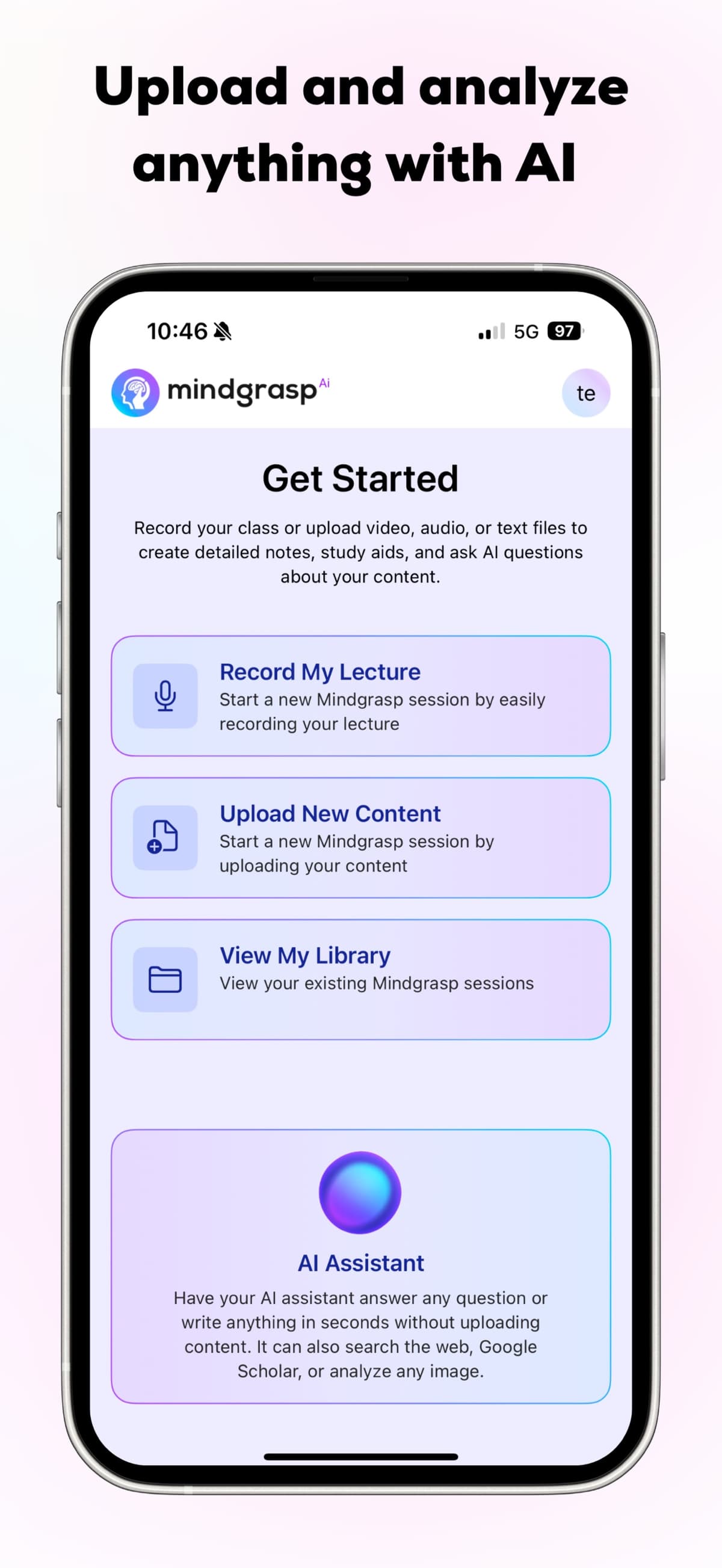 Mindgrasp mobile start screen with lecture recording, upload, library and AI Assistant options.