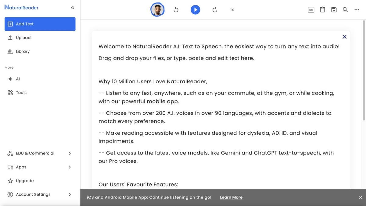 NaturalReader text editor with file and library navigation, voice selection, and playback controls.