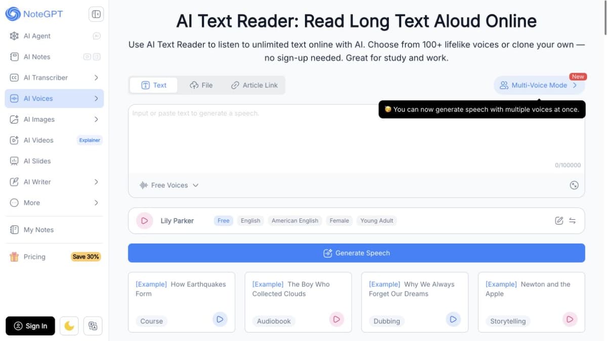 NoteGPT AI Text Reader with text, file, and article-link input modes, voice selection, and a Generate Speech button.