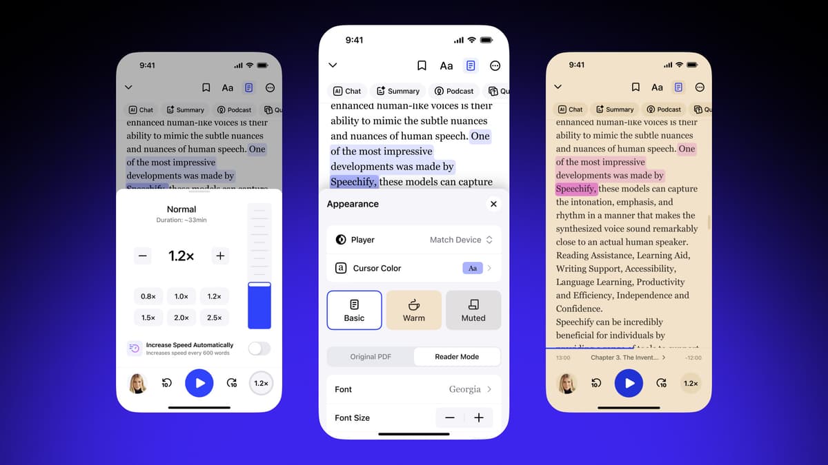 Speechify reader interface with playback speed, text highlighting, and appearance controls.