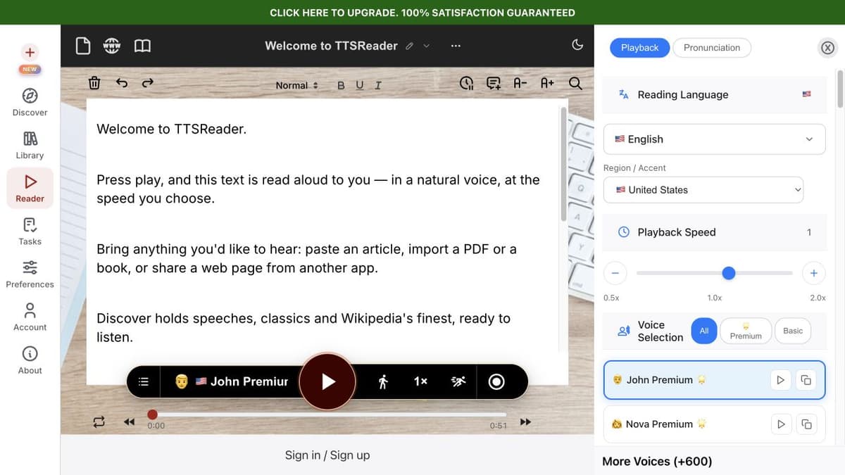 TTSReader sample article in the player with voice selection, playback speed, and settings controls.