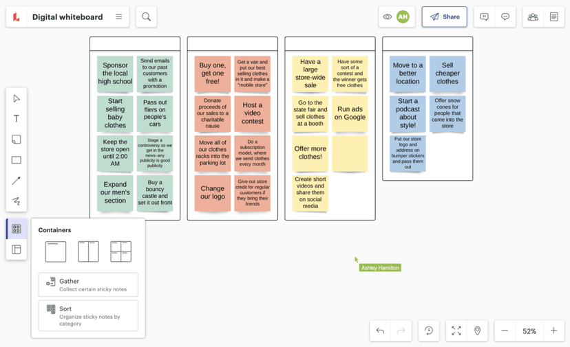 Lucidspark whiteboard with grouped sticky notes, collaborator cursor, and Gather and Sort controls.