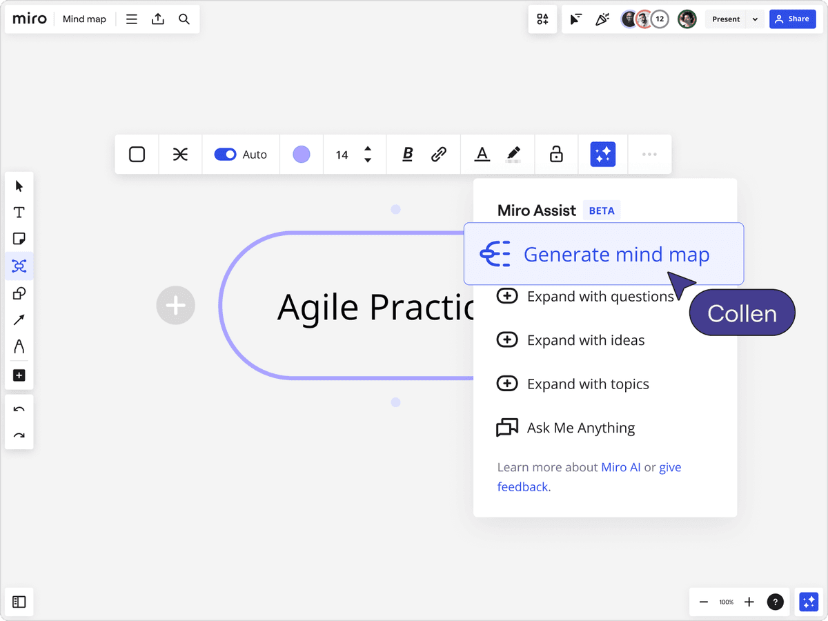 Miro Assist showing a generate-mind-map option on a collaborative whiteboard canvas.