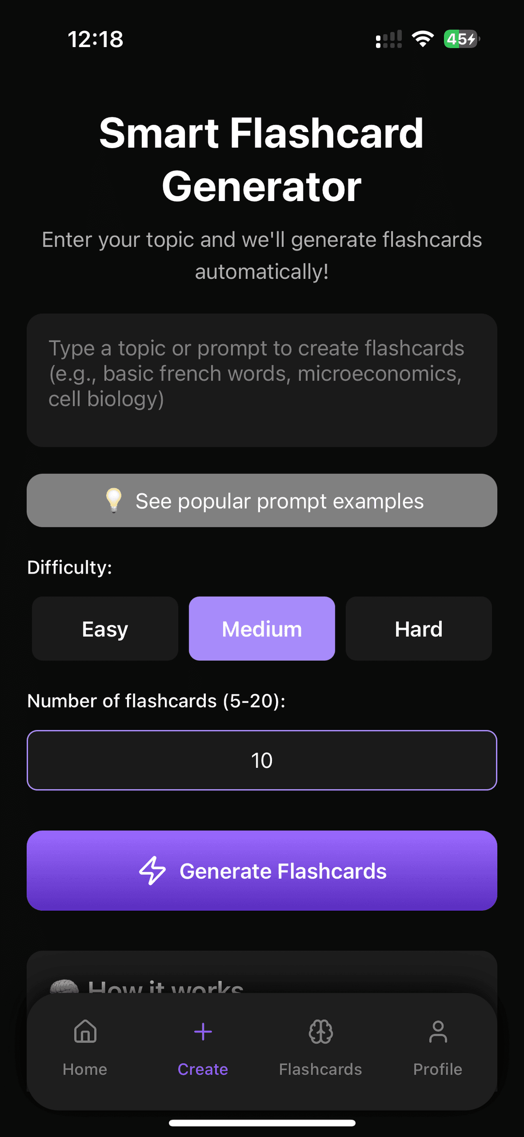 FlashRecall phone screen with a topic prompt, difficulty choices, card count, and Generate Flashcards button.