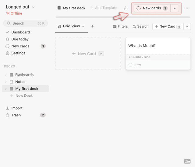 Mochi deck view showing a flashcard with one hidden side and a new-card review queue.