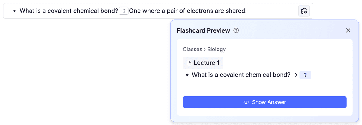 RemNote note bullet with its Flashcard Preview panel open and the answer hidden.