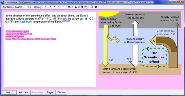 Archived SuperMemo desktop view showing an extracted greenhouse-effect passage with references and an illustration.