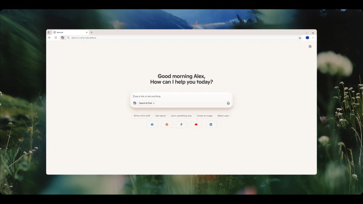 Microsoft Edge Copilot Mode new-tab page with a combined search-and-chat field.