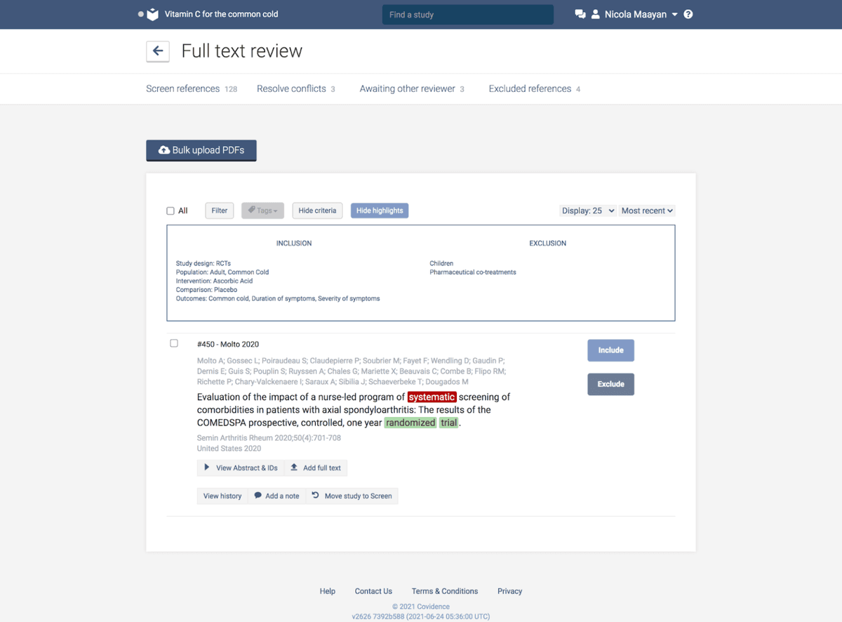 Covidence full-text screening interface showing reviewer decisions and study details