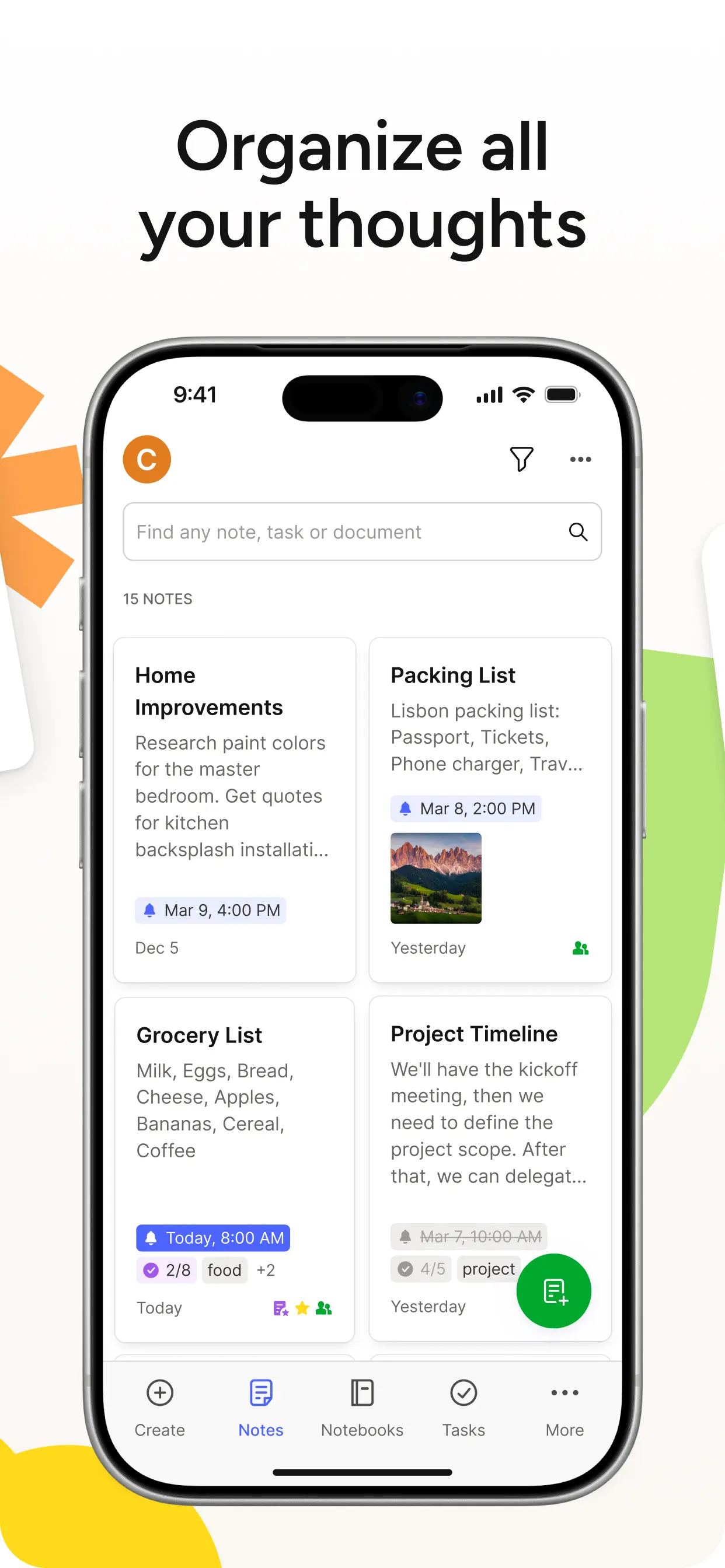 Official Evernote App Store screenshot showing notes, tasks, and notebook navigation on mobile