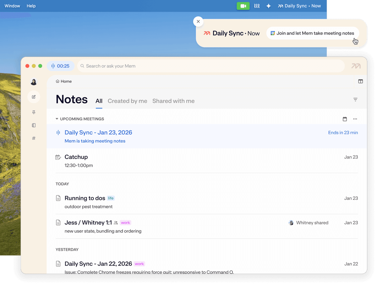 Mem product screenshot showing synced daily notes and related note context.