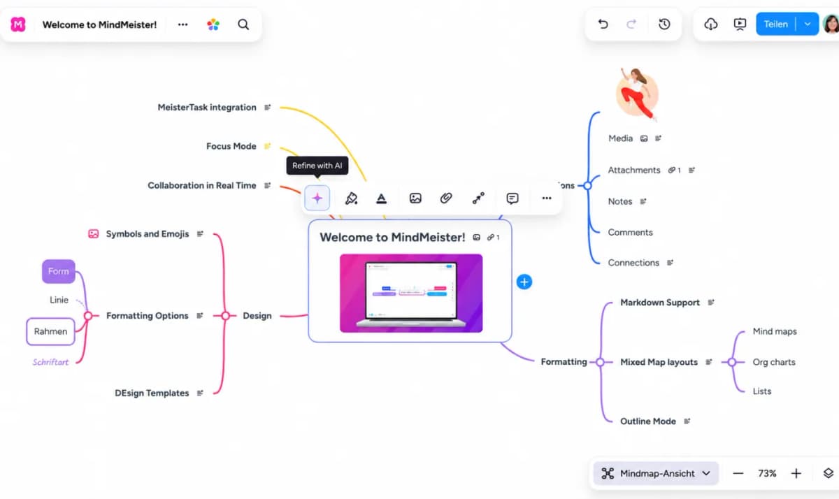 Official MindMeister editor showing a manual branch map, floating formatting toolbar, collaboration controls, and canvas navigation
