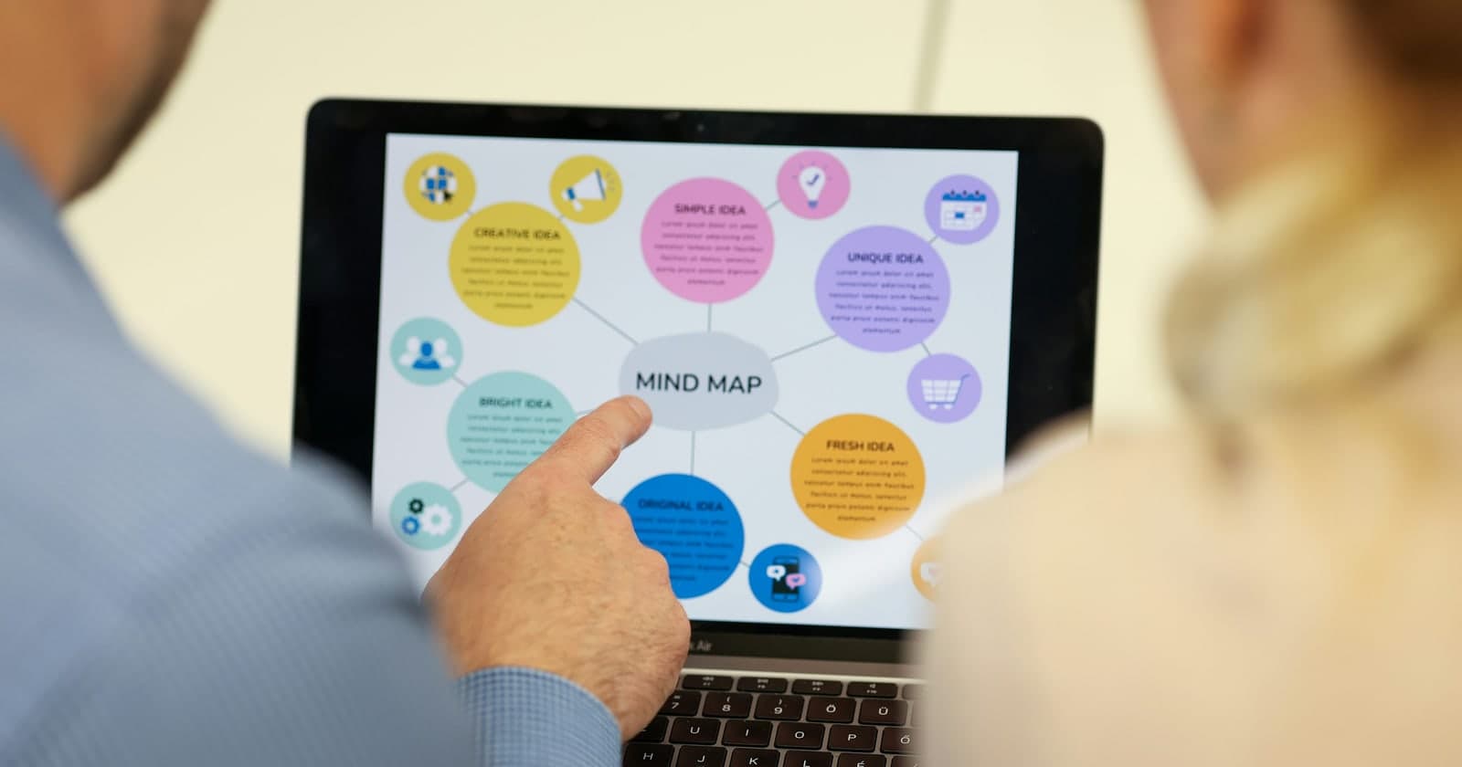 Two people look at a laptop displaying a colorful mind map.