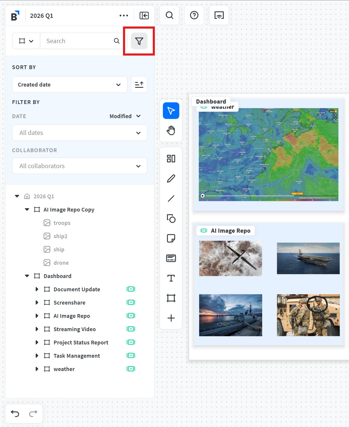 Bluescape workspace Explorer with sort and filter controls beside workspace content.
