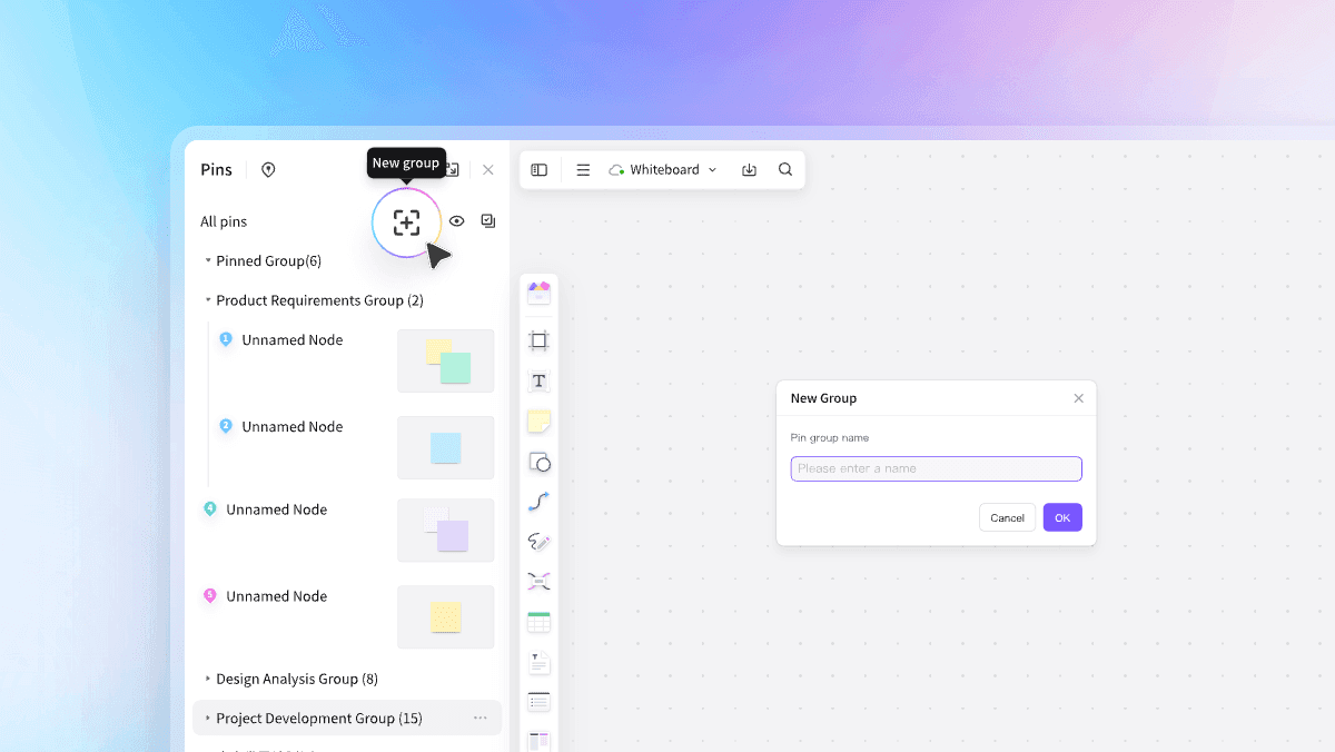 Boardmix whiteboard canvas with a pin-group list, toolbar, and grouped items.