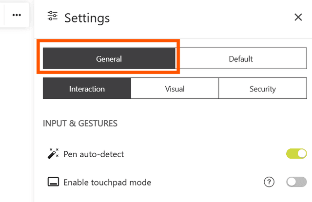 Collaboard settings panel showing general, interaction, visual, and security tabs.