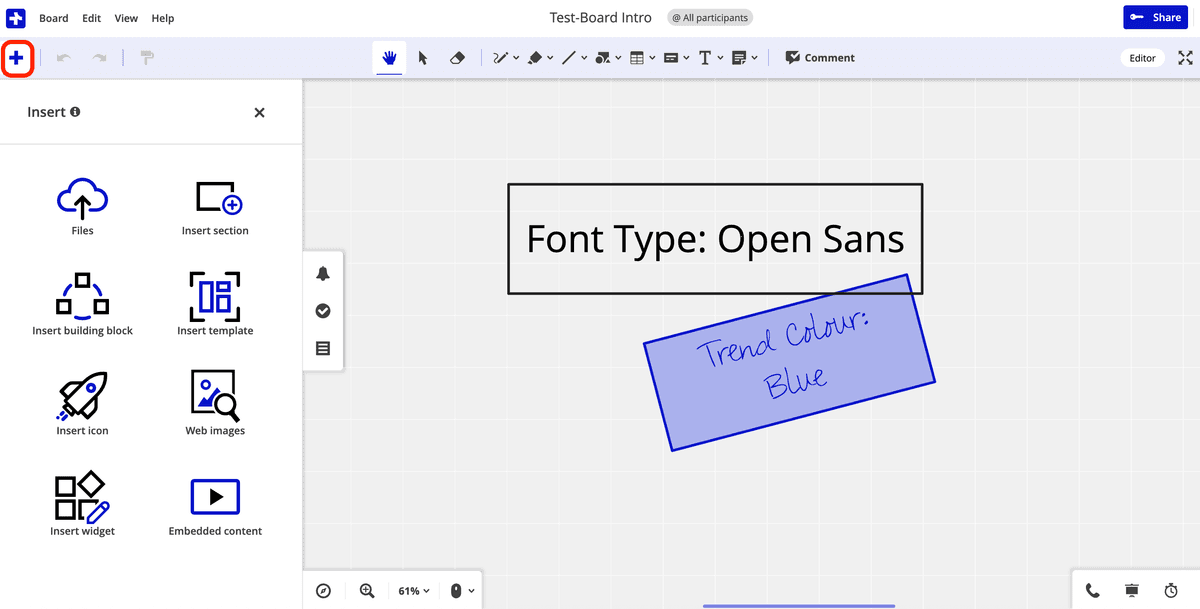 Conceptboard insert panel with board canvas and available insert tools.